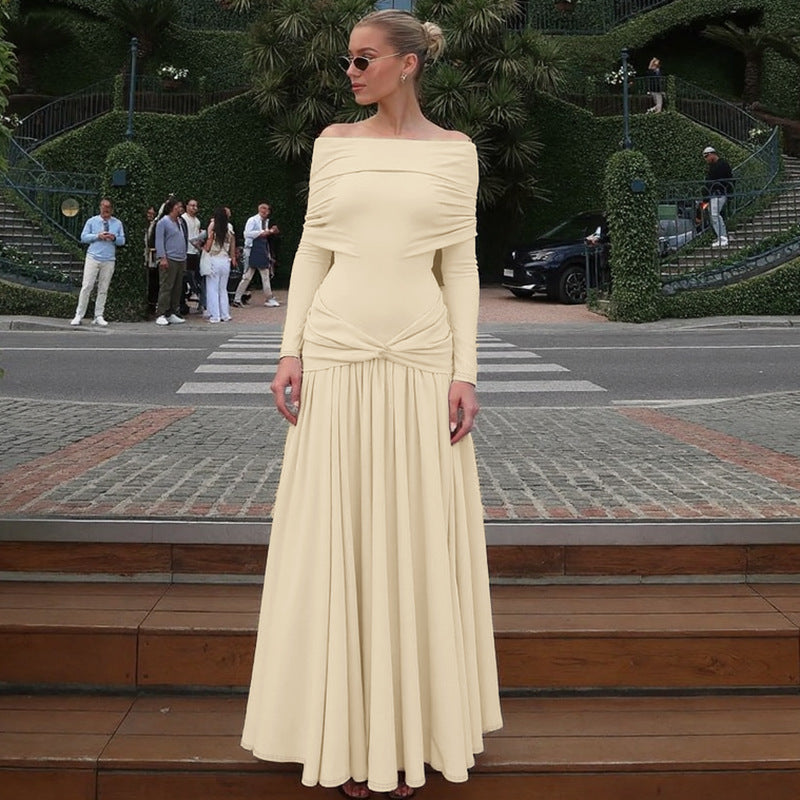 French Women Autumn off Neck Cinched Pleated Long Sleeve Dress