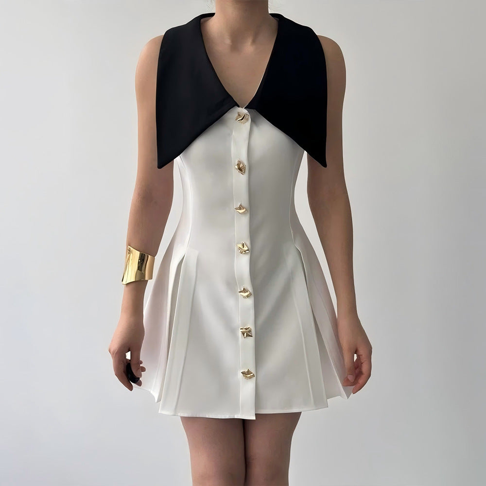 Summer Elegant Collared Sleeveless Waist A line Dress Single Breasted Waist Dress