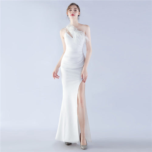 Craft Order Ostrich Feather Cocktail Performance Satin Long Evening Dress