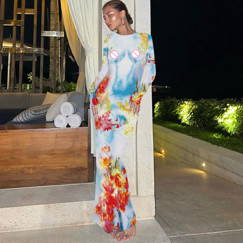 Women Clothing Autumn Winter Printing Slim Fit round Neck Long Sleeves Dress