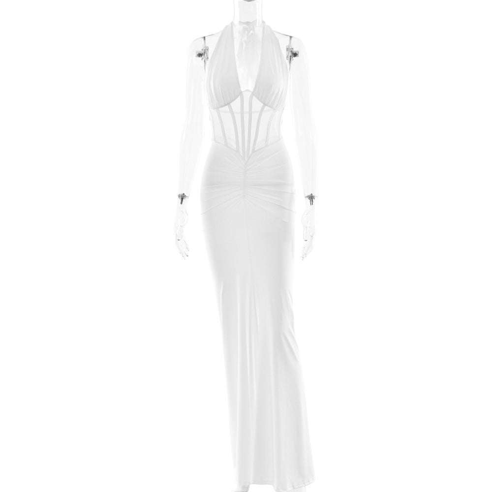 Elegant Women Lace up Maxi Dress Sexy Backless Pleated Sheath Dress