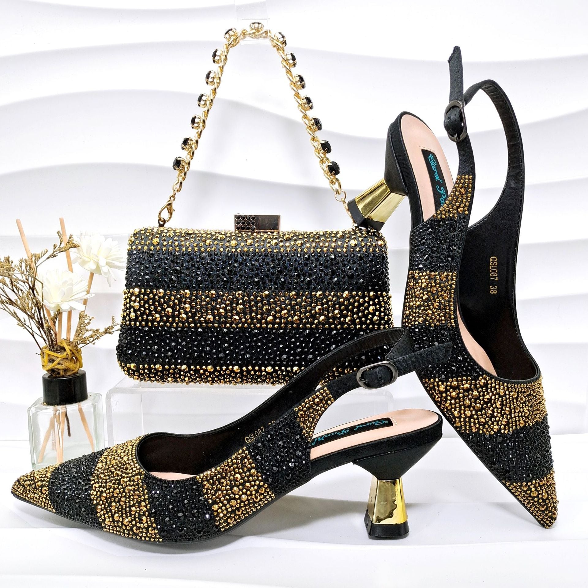 Simple Pointed Striped Delicate Rhinestone Decorative Cocktail Elegant Women Shoes Bags Two Piece Sets High Heels