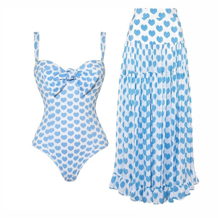 Heart Printing Bow One Piece Swimsuit Women