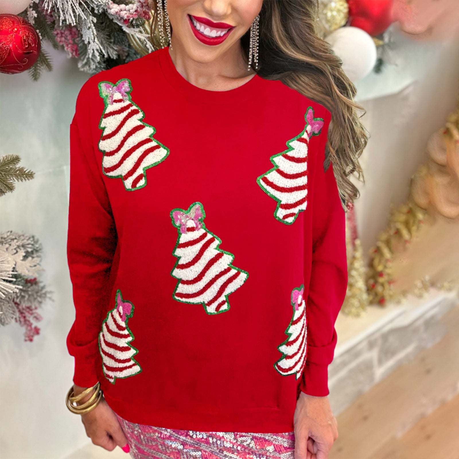 Autumn Winter Women Christmas Tree Decorative Sequ Sweatshirt Casual Loose Top Women