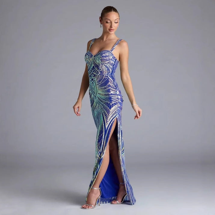 High End Sequined Pattern Sexy Sling Dress Cocktail Evening Dress Performance Dress