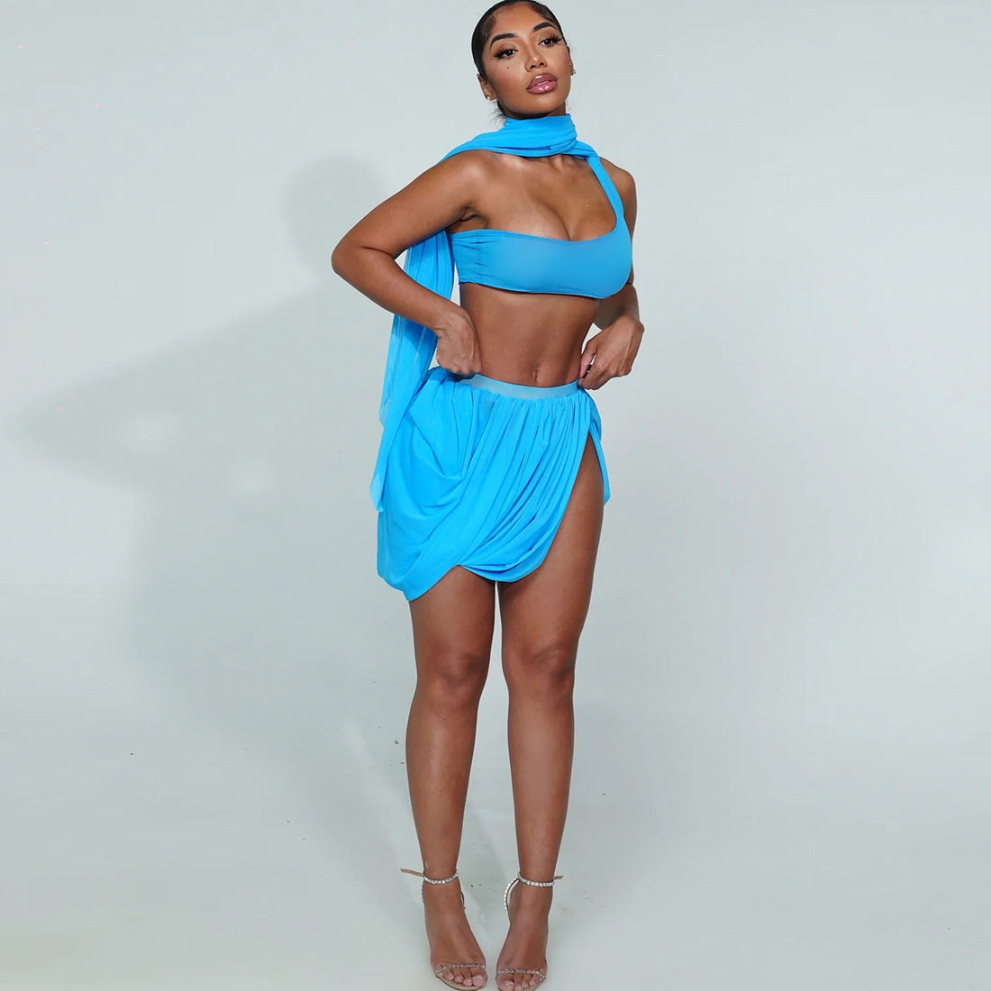 Fall Women Clothing Mesh Sexy Unilateral Long Sleeves Cropped Top Fold Split Skirt Outfit