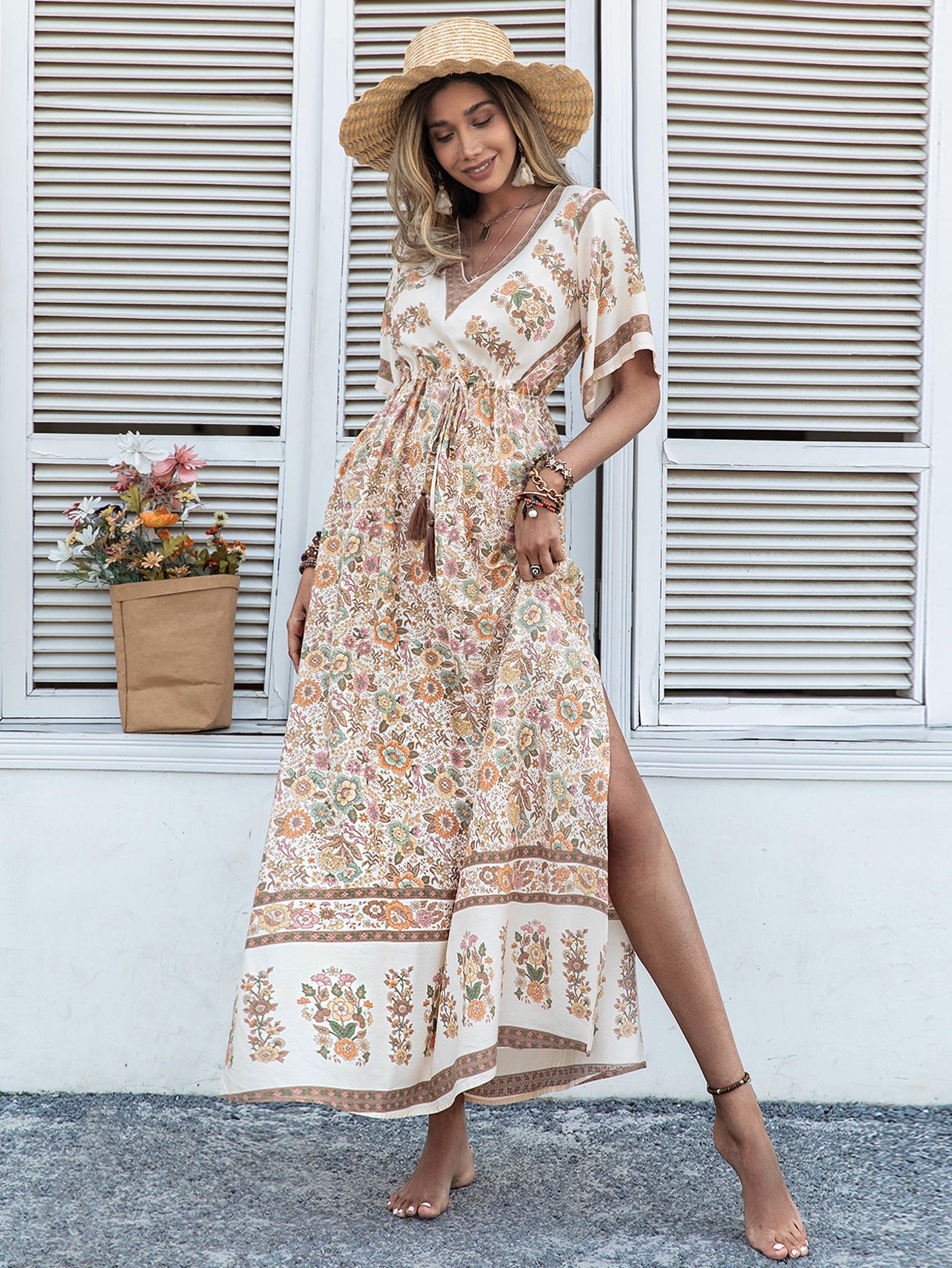 Women Bohemian Beige Printed Dress Long Tassel
