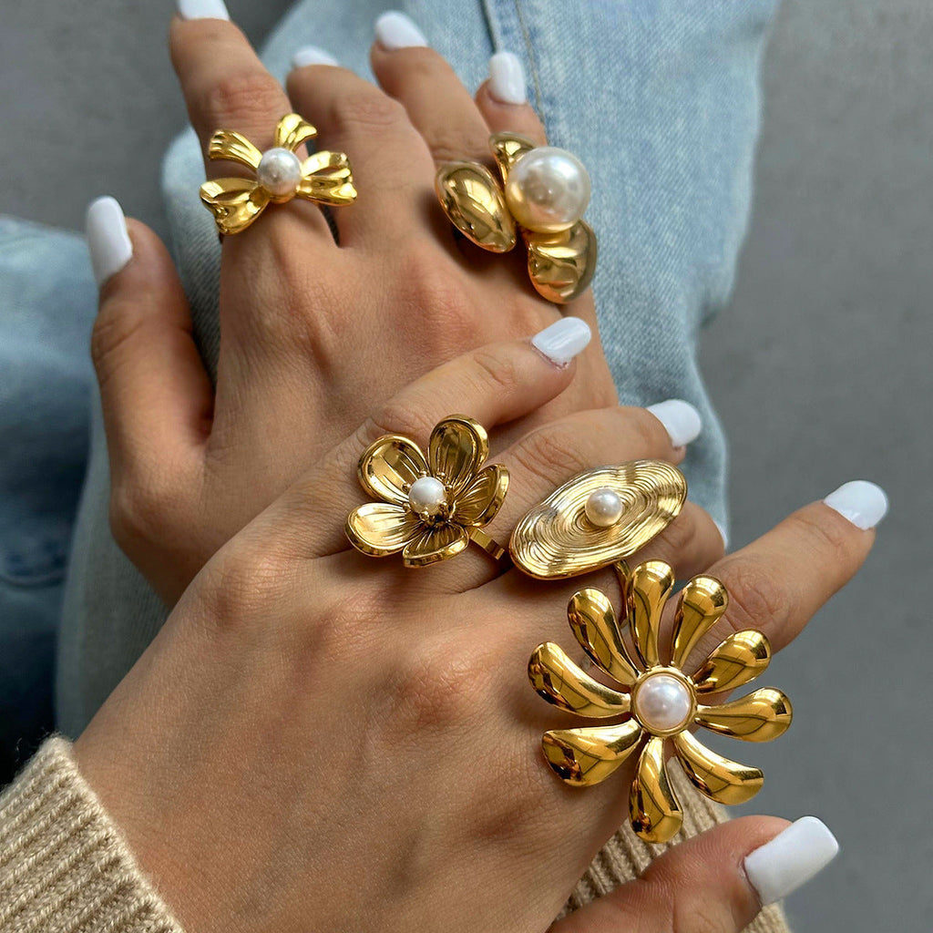 Stainless Steel Floral Pearl Ring Exaggerated High Sense Ring Titanium Steel Rings Ornament
