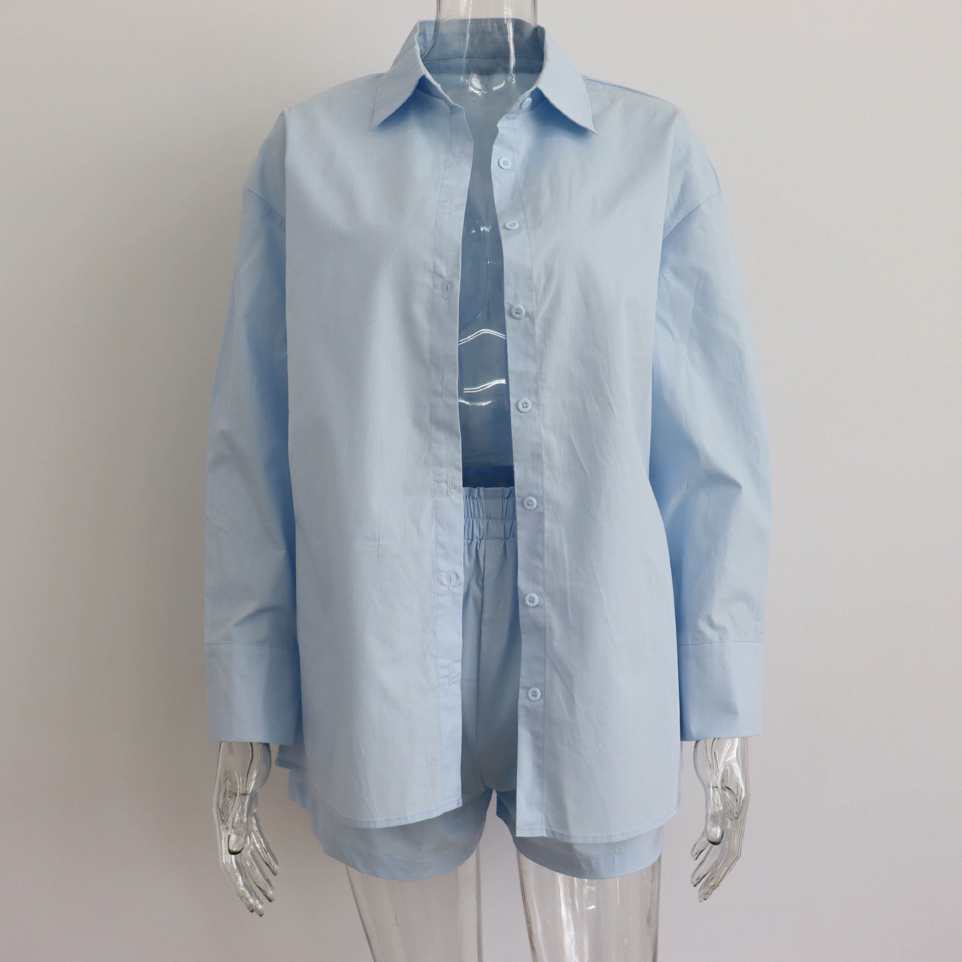 Spring Summer Two Piece Set Solid Color Single Breasted Long Sleeve Collared Shirt Shorts Loose Casual Set