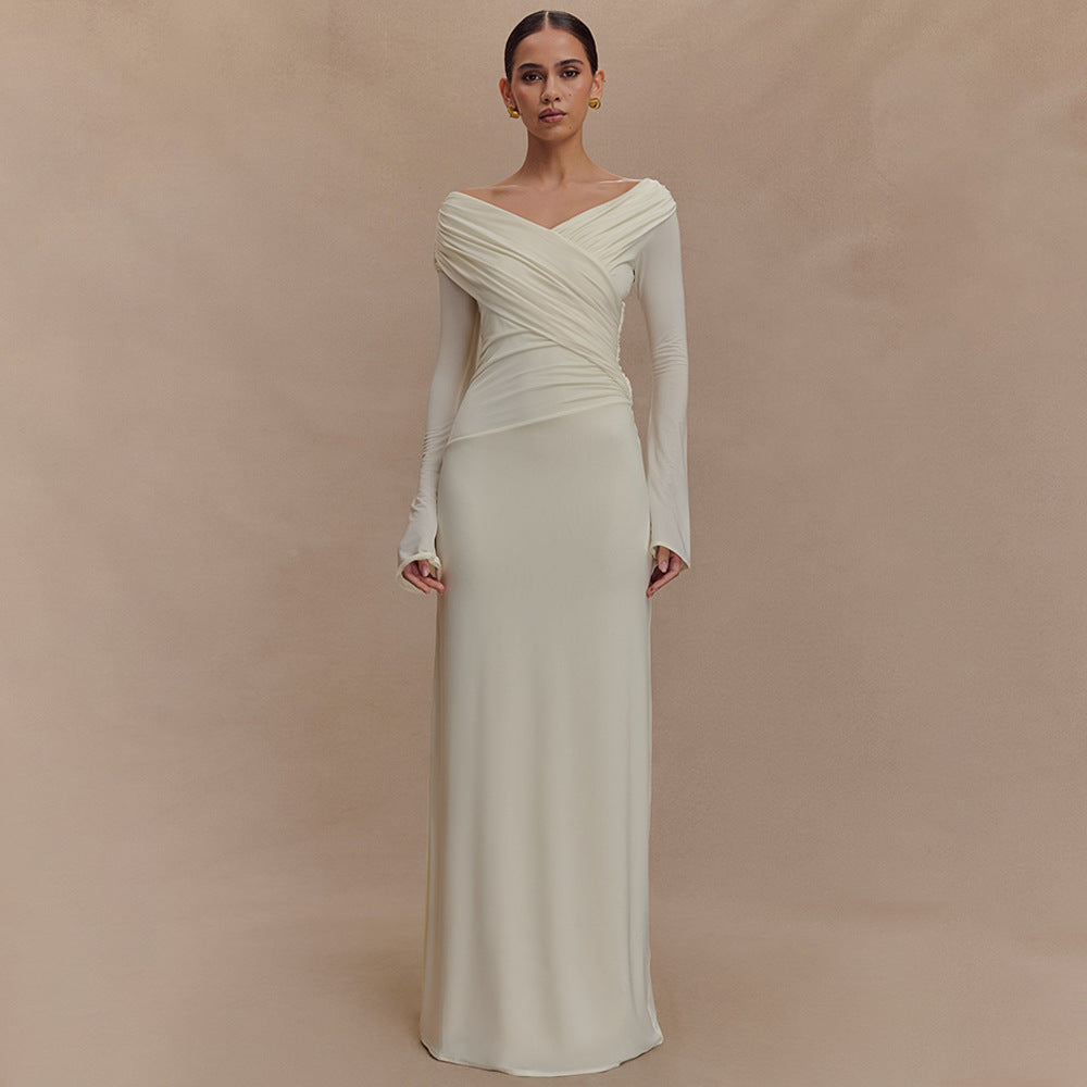 Women Spring Sexy V neck Pleated Hip Dress