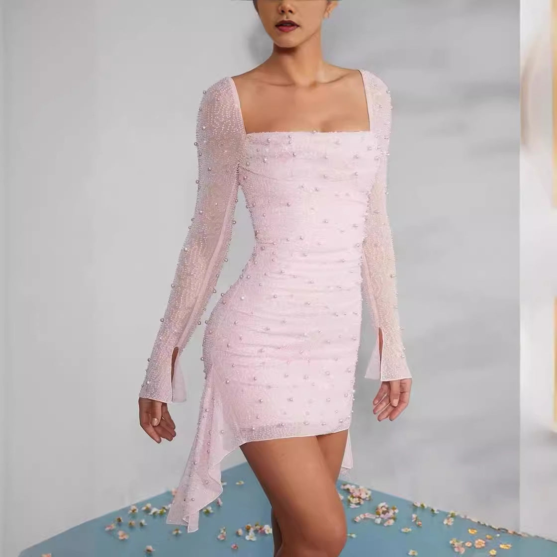 Spring Summer Long Bead Long Sleeve Dress