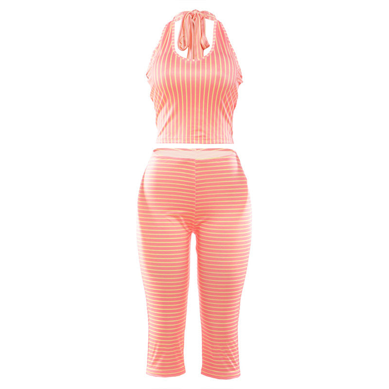 Women Solid Color Sexy Halter Striped Vest Slim High Waist Cropped Pants Women
