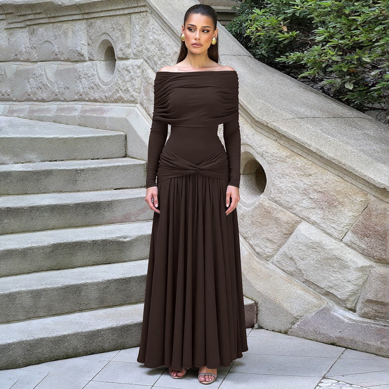 French Women Autumn off Neck Cinched Pleated Long Sleeve Dress