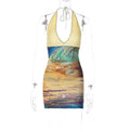 Spring Sexy Printing Stitching Wool Deep V Plunge Halter Sheath Dress for Women