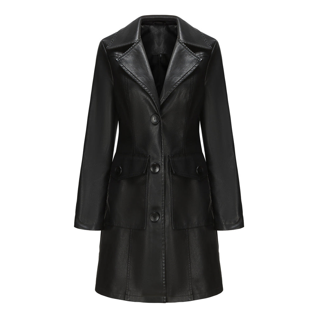 Long Leather Coat Spring Autumn Long Sleeve Leather Wind Coat British Coat Women Collared Single Breasted