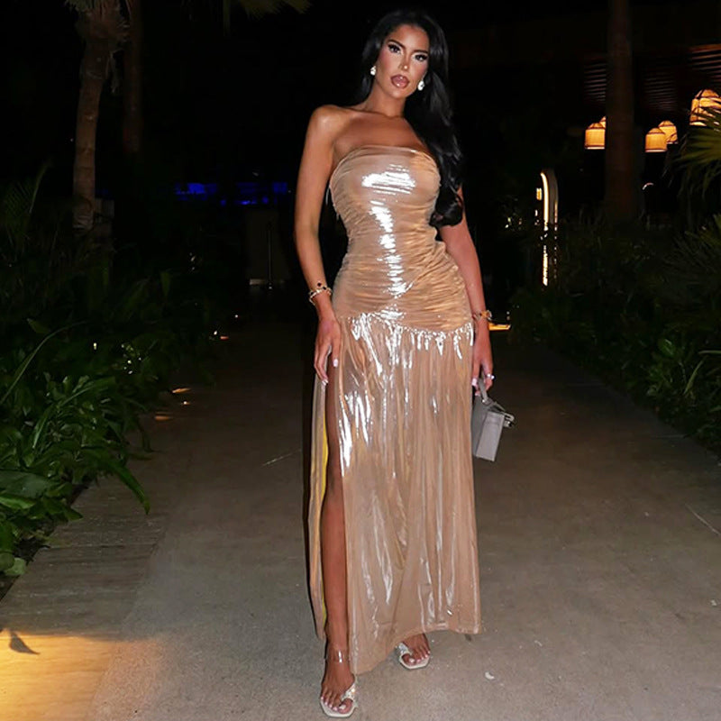 Summer Women Solid Color Sexy Slit Slim Tube Top Dress