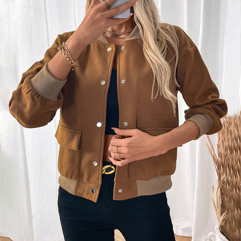 Casual Coat Pocket Single Breasted Half Turtleneck Jacket for Women