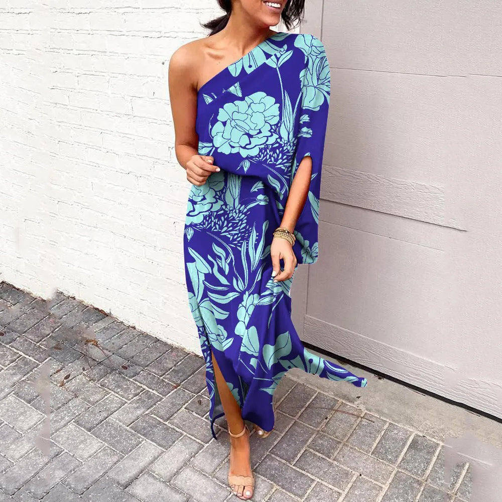 Summer Loose off Shoulder Waist Trimming Printing Dress Women