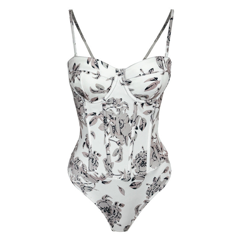 Sexy Boning Corset Corset Floral Vintage Printed Top Sexy Slim Fit Sleeveless Jumpsuit Women
