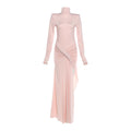 Women Clothing Spring Solid Color Elegant Graceful Turtleneck Waist Tight Split Long Sleeve Dress