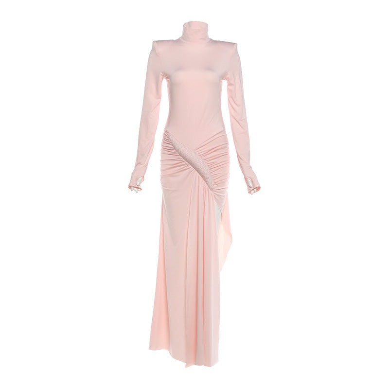 Women Clothing Spring Solid Color Elegant Graceful Turtleneck Waist Tight Split Long Sleeve Dress