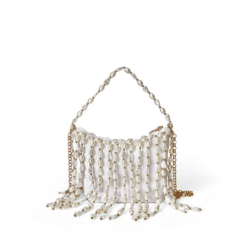 Chinese Bag Vintage Weave Beaded Irregular Asymmetric Pearl Bucket Silk Satin Dumpling Cocktail Underarm Crossbody Bag