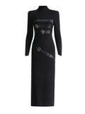 Turtleneck Solid Color Dress Spring High Grade Long Sleeve Split Metal Decorative Dress Women