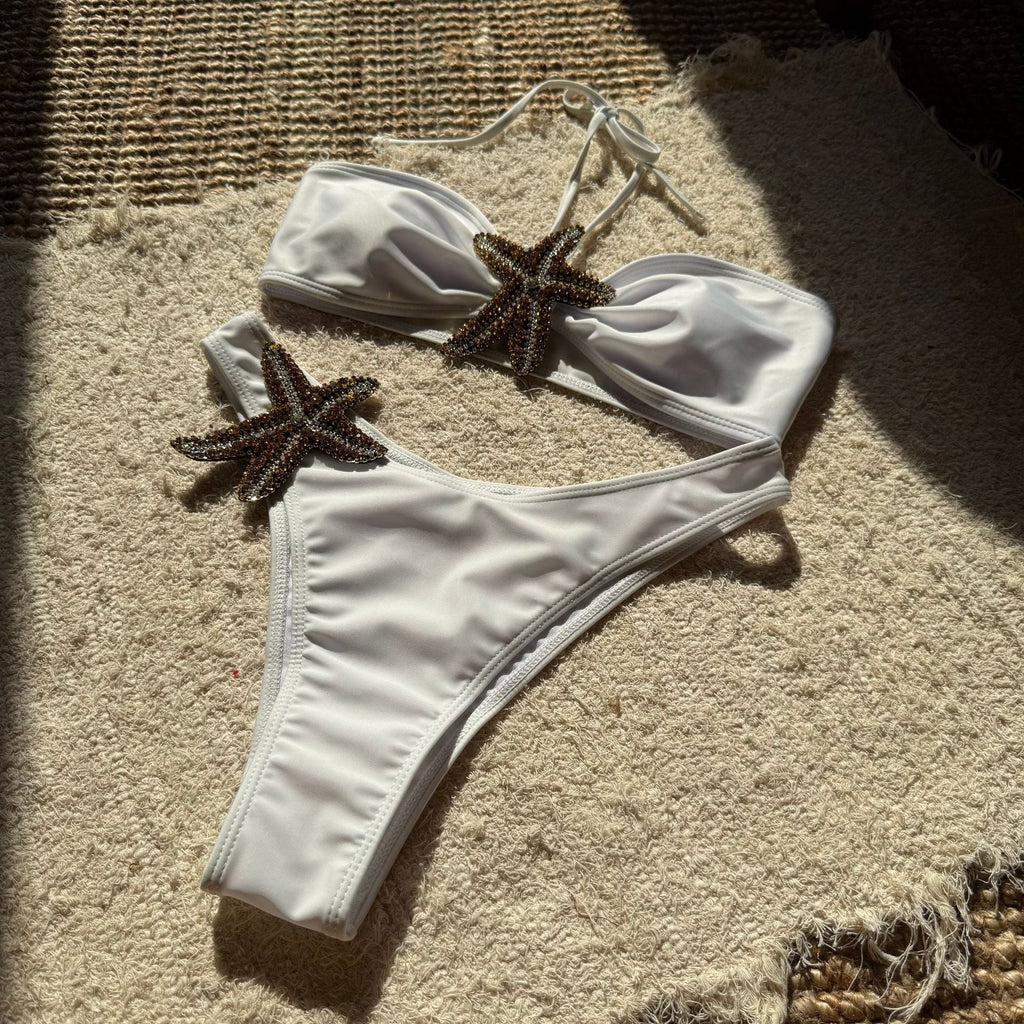Solid Color Starfish Affixed Cloth Embroidered Sexy Lacing Split Swimsuit Bikini