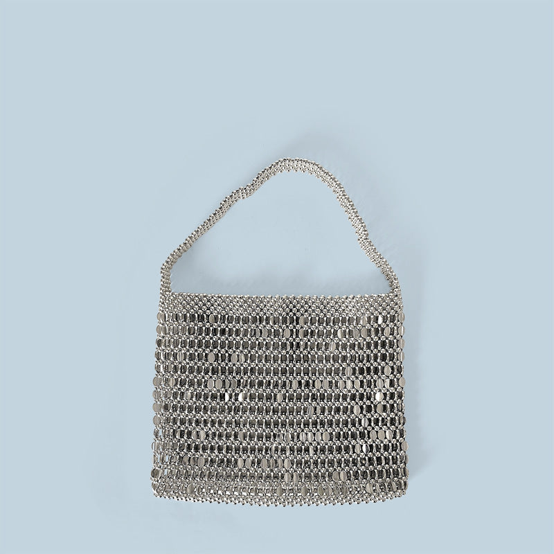 Retro Old Money Metal Casual Shiny Inflexible Hand Woven Beads Tote Underarm Messenger Bag Portable