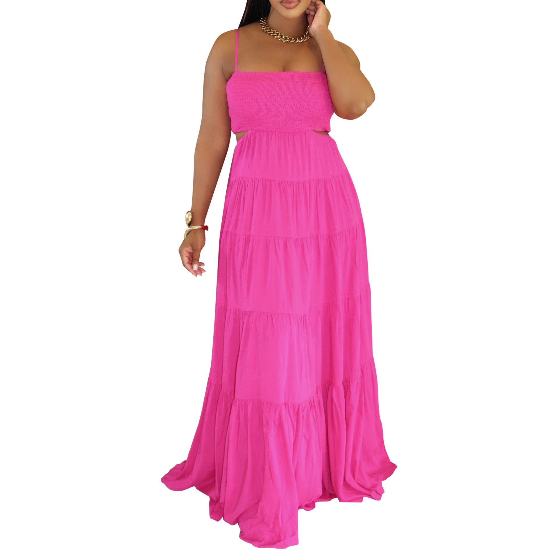 Women Clothing Spaghetti Straps Sleeveless Dress Bohemian Tiered Dress Maxi Dress Summer