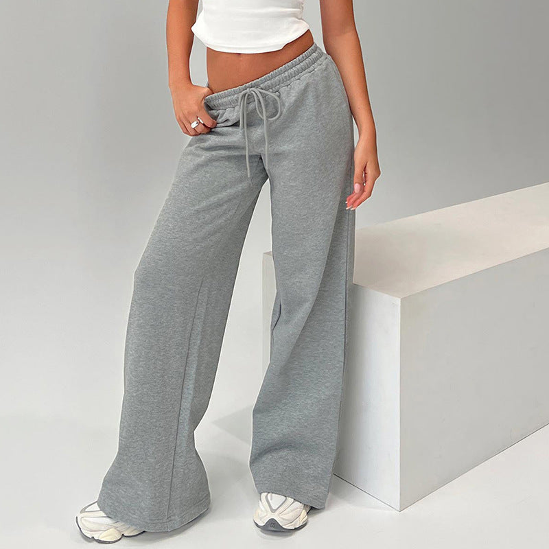 Women Wear Autumn Casual Loose Drawstring Tight Waist Solid Color Trousers