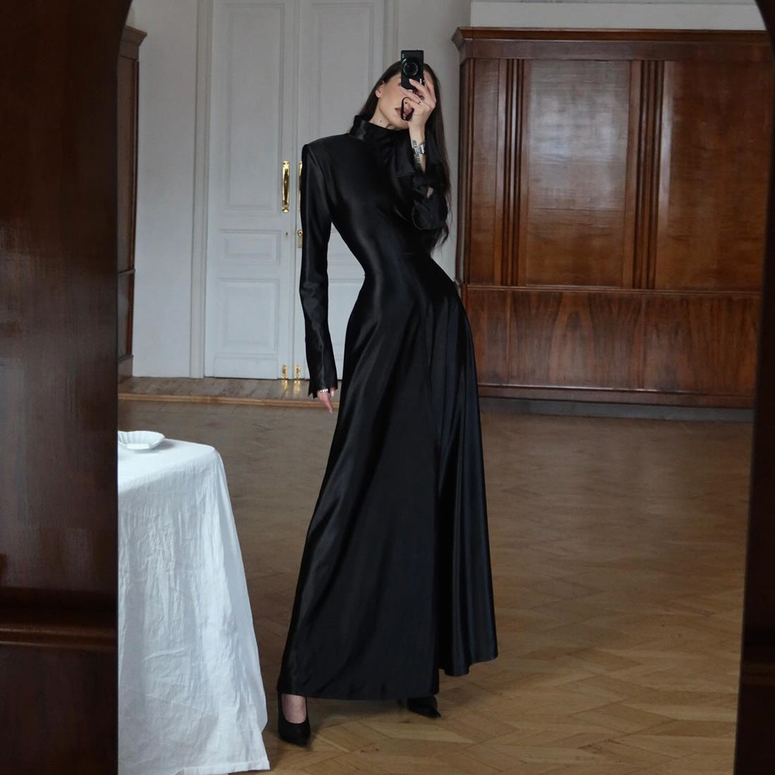 Winter Women Clothing Elegant Graceful Formal Dress Turtleneck Waist Solid Color Dress