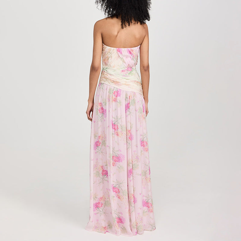 Vacation Sexy Fairy Wrapped Chest Silk Elegant Floral Maxi Dress Summer Beach Dress