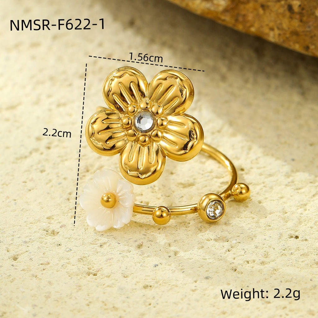 Floral 18K Gold Titanium Steel Ring Niche High Sense White Lip Shell Inlaid Zircon Women Ring