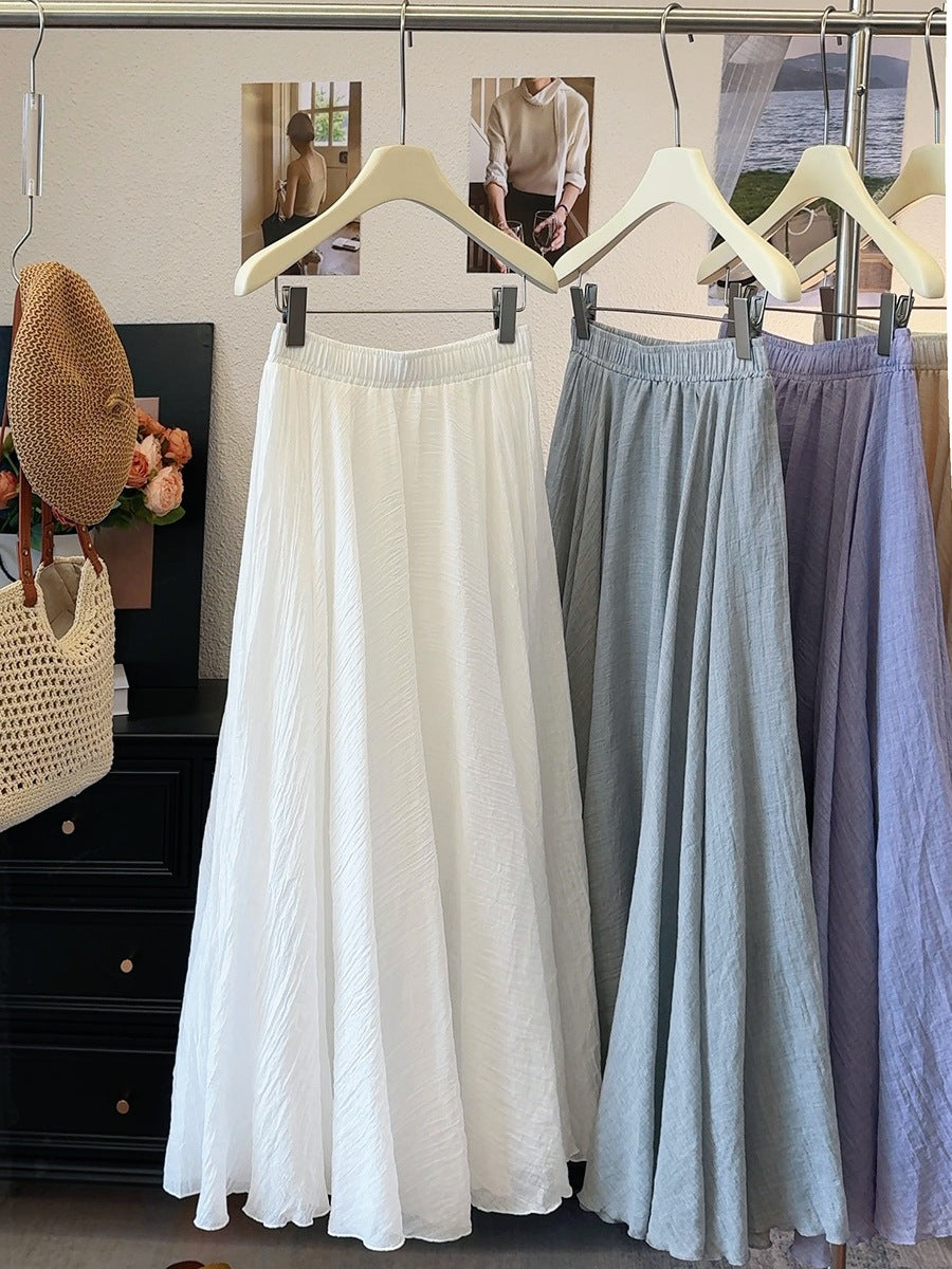 Ice Tencel Cotton Linen Texture Pleated Skirt Women Summer Drape Casual Swing A line Umbrella Skirt Long Skirt