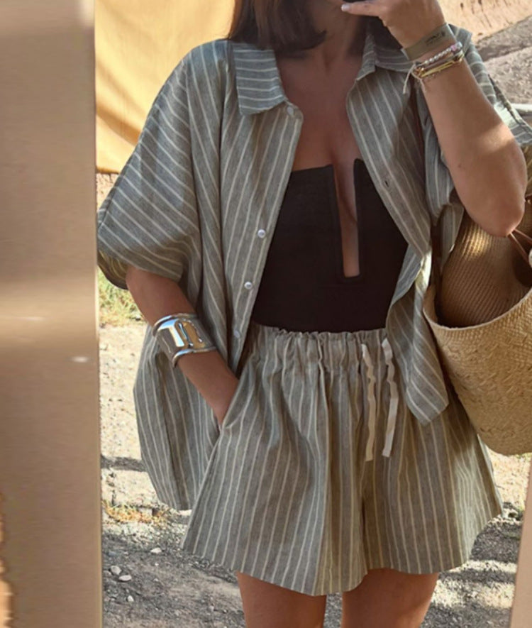 Summer Striped Shirt Pocket Shorts Loose Casual Two Piece Sets Women