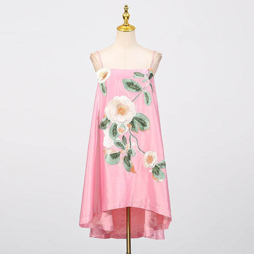 Chinese Retro Peony Embroidered Floral Suspender Slimming Short Women Clothing Loose Slimming Dress