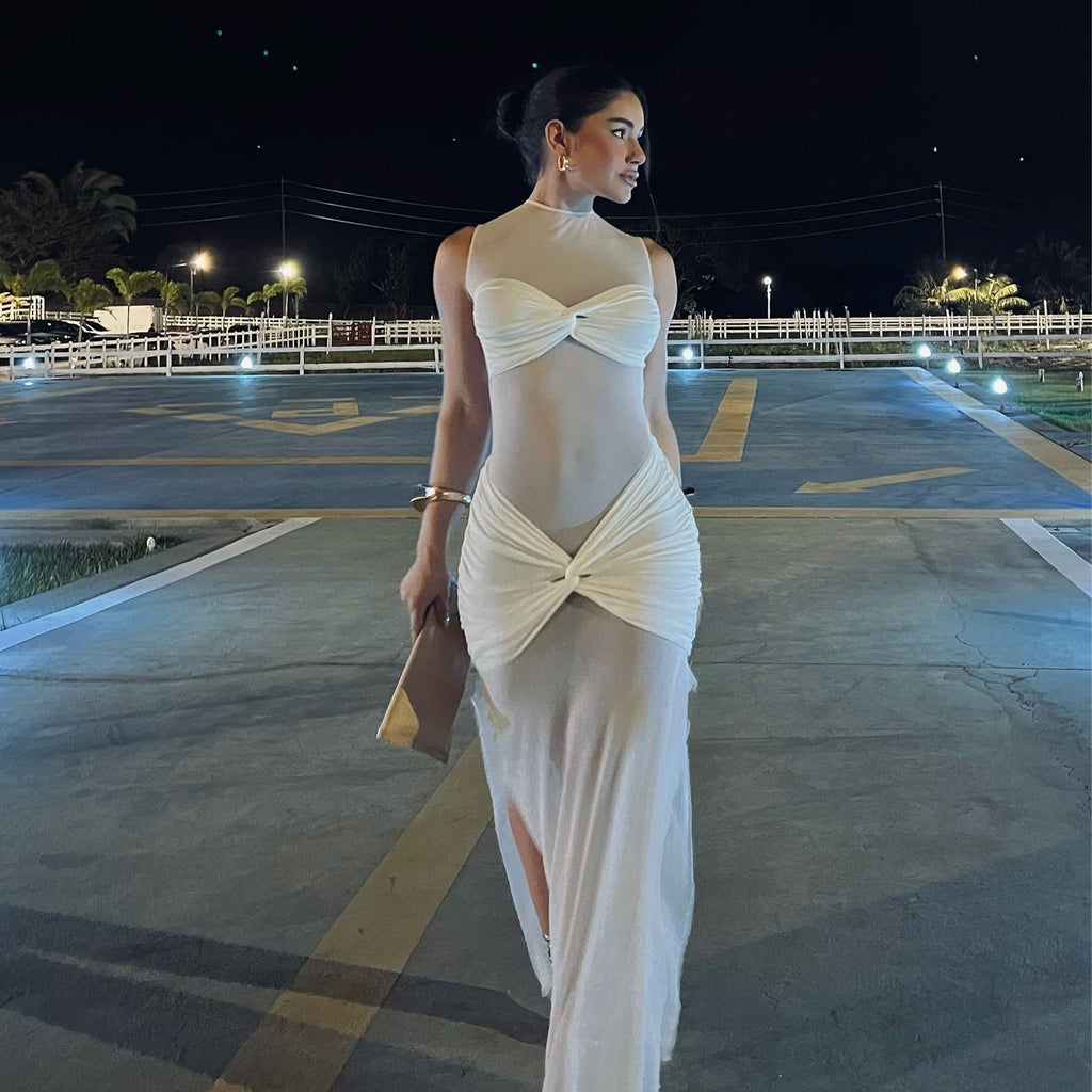 Spring Evening Sheer Mesh Sexy Solid Color Sheath Women Dress