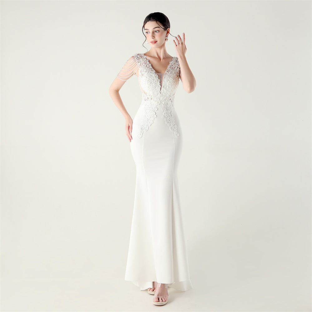 Satin Heavy Industry Beaded Three Dimensional Applique Boning Corset Waist-Tight Evening Dress Lace Tassels Design Cocktail Social Networking