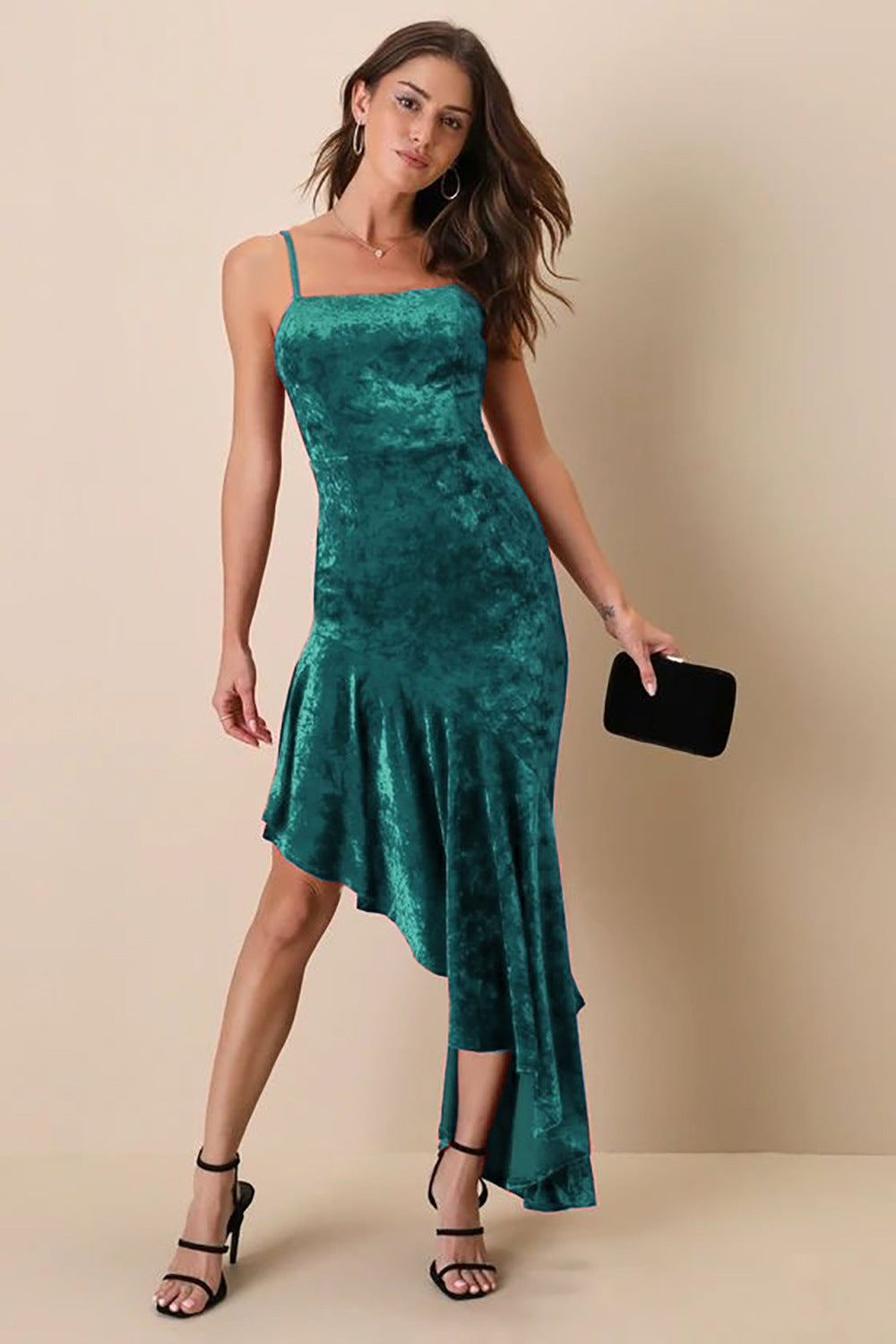 Pleuche Spaghetti Strap Dress Sexy Patchwork Ruffled Sheath Fishtail Dress