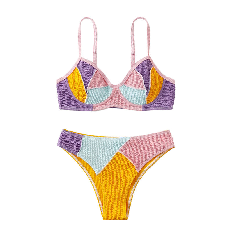 Sexy Double Shoulder Stitching Steel Bracket Push up Bikini High Waist Beach Split Swimsuit