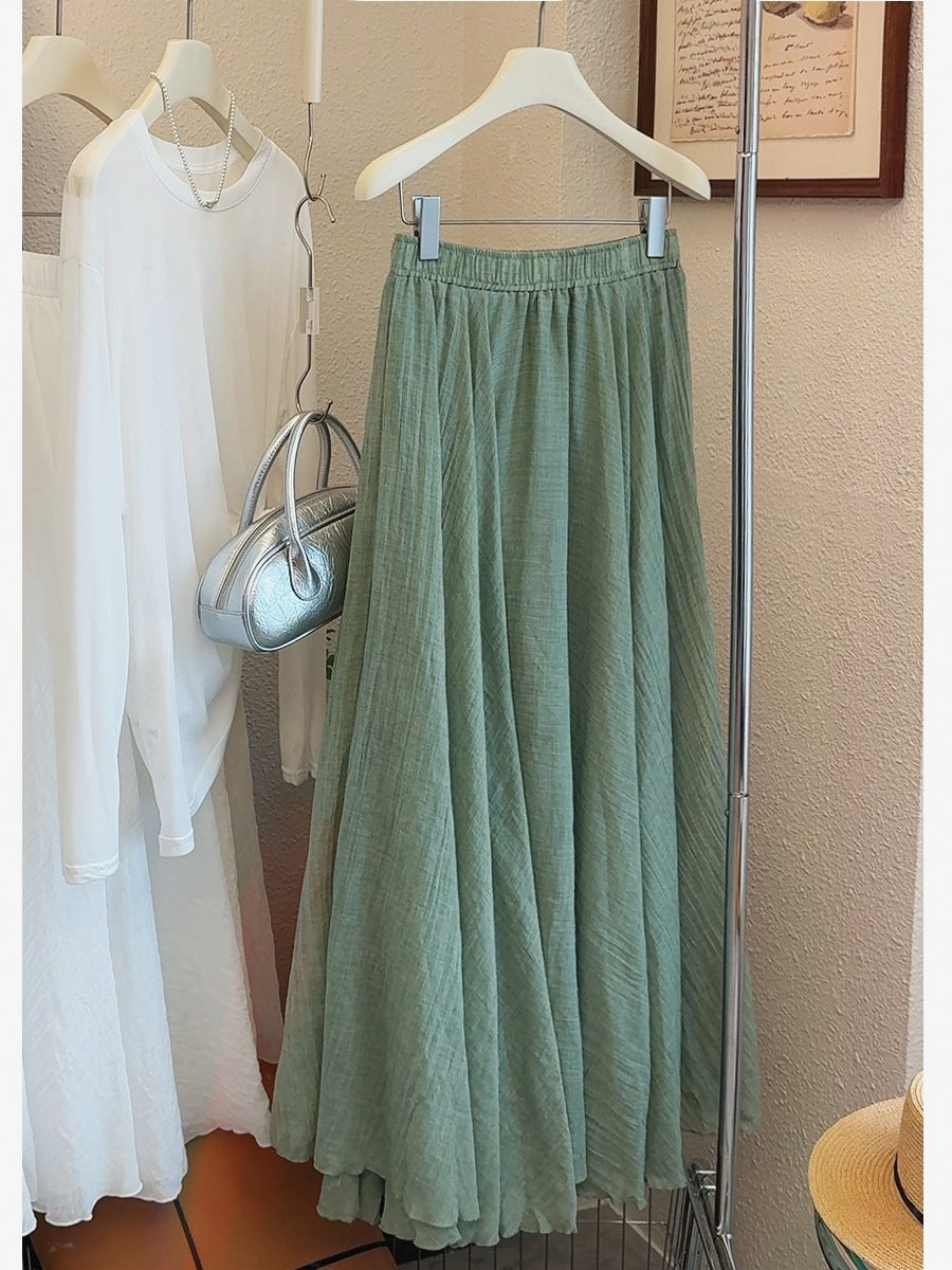 Ice Tencel Cotton Linen Texture Pleated Skirt Women Summer Drape Casual Swing A line Umbrella Skirt Long Skirt
