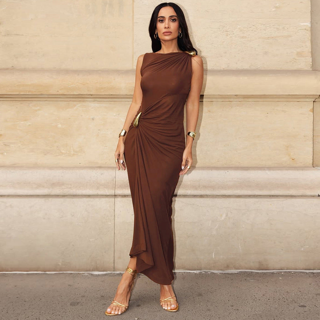 Women Clothing Summer Sexy Slim Metal Decorative Sheath Sleeveless Dress