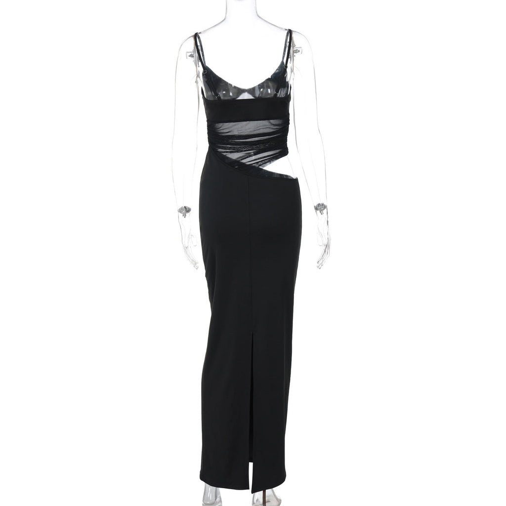 Women Clothing Winter Sexy Patchwork Slit Mesh See through Sling Dress