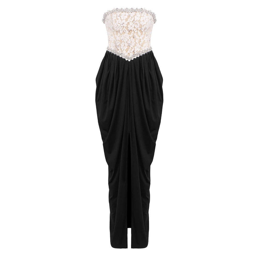 Sexy Women Lace Bead Strapless Dress High Elastic Split Long Dress
