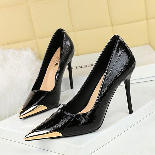 Cocktail Low Cut Women Shoes Pointed Stiletto Heels Tilta Metal Decoration Super High Heel Shoes