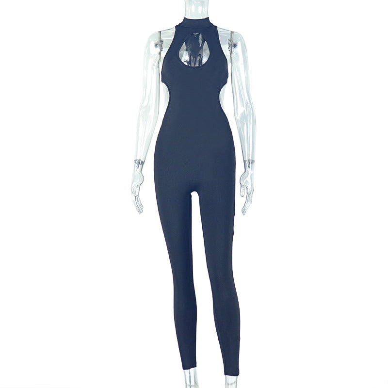 Casual Sports Women Clothing Office Hollow Out Cutout out Tight Solid Color Jumpsuit Backless Low Waist Long Jumpsuit