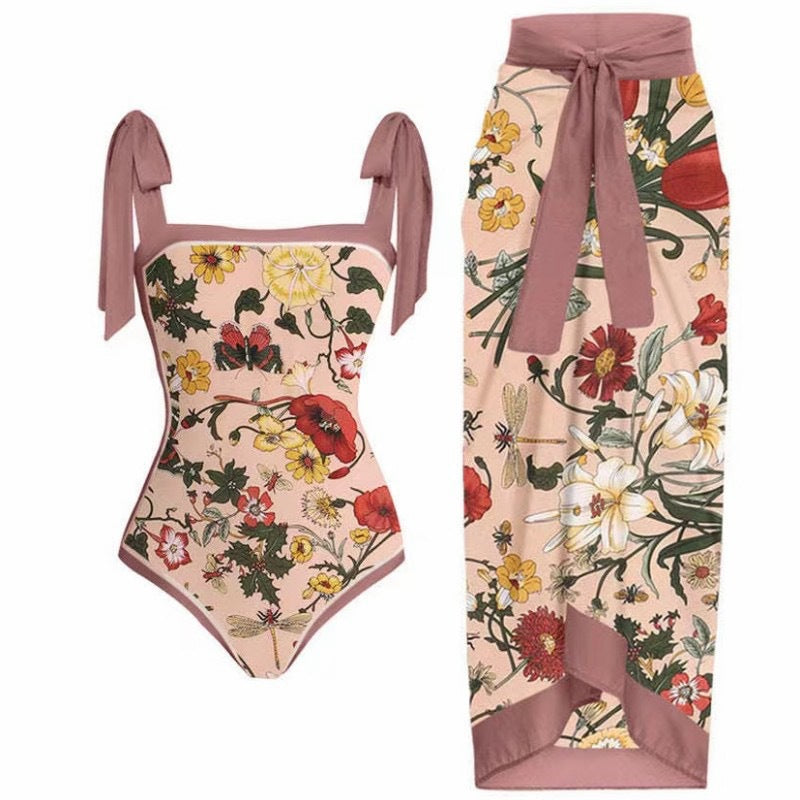 Double Sided Swimsuit Printed Conservative Cover Belly Sheath Dress Two Piece Swimsuit