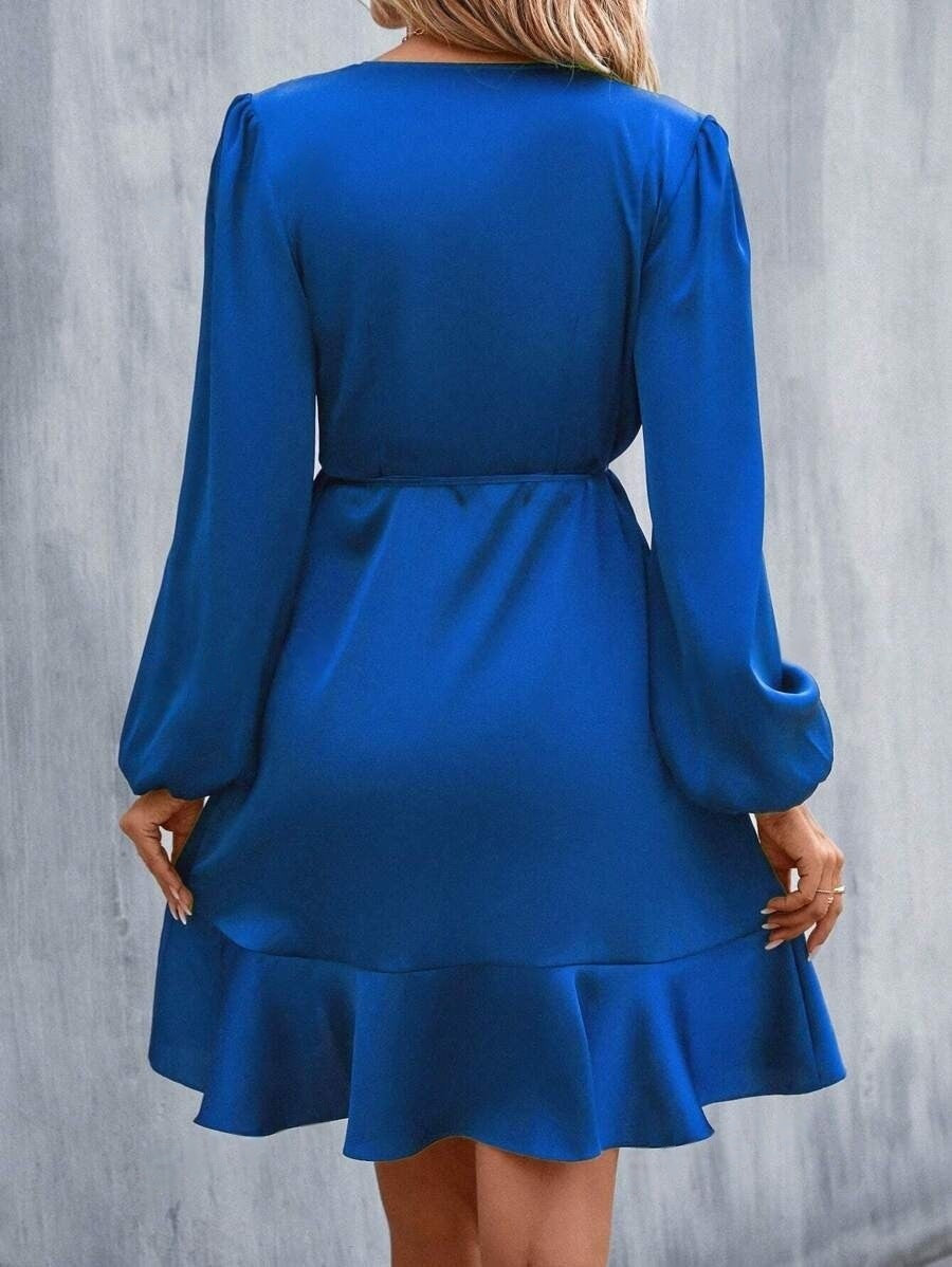 V neck Dress Satin Waist Tight Low Cut Casual Midi Dress Sweet Women Clothing