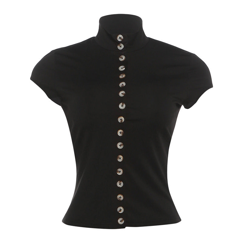Summer Women Clothing Breasted Short Top Solid Color Slim Slimming Short Sleeve T shirt